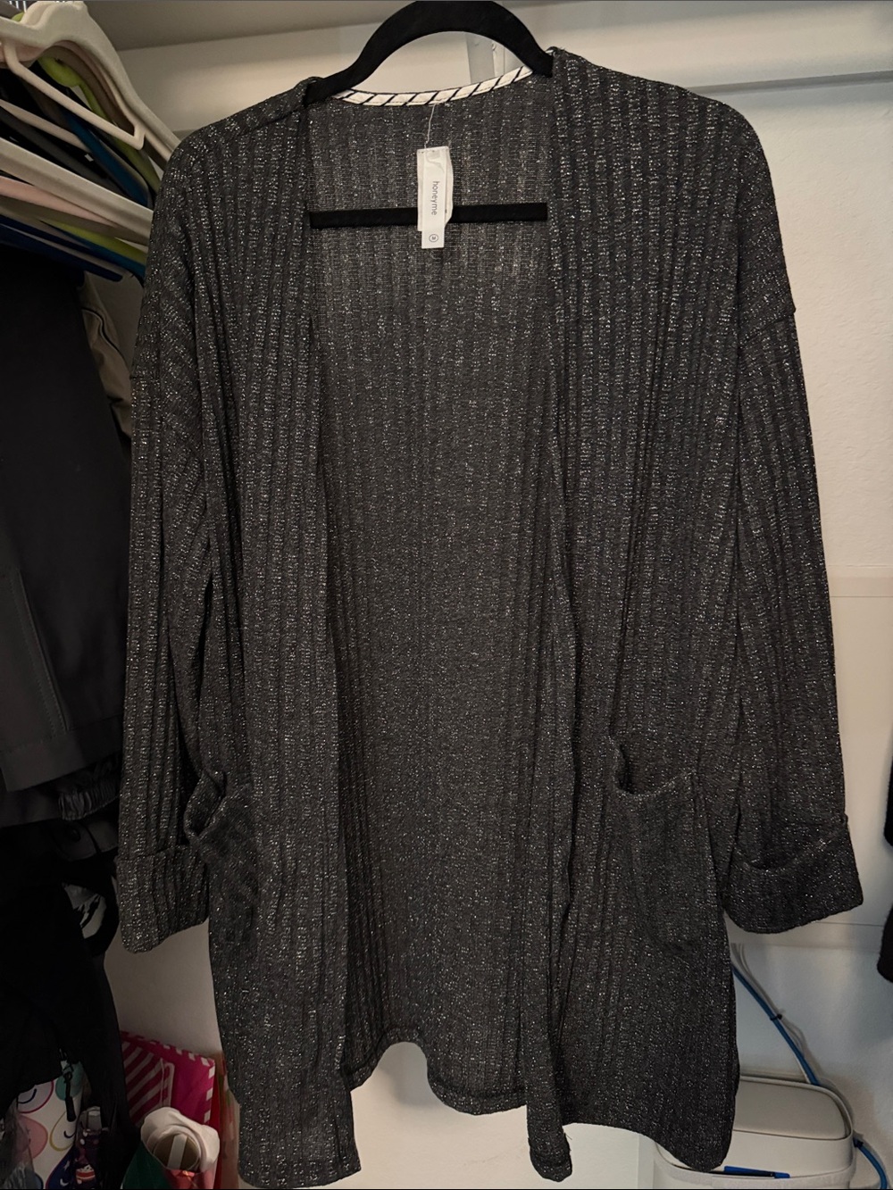 Honeyme Black Metallic Ribbed Open Cardigan